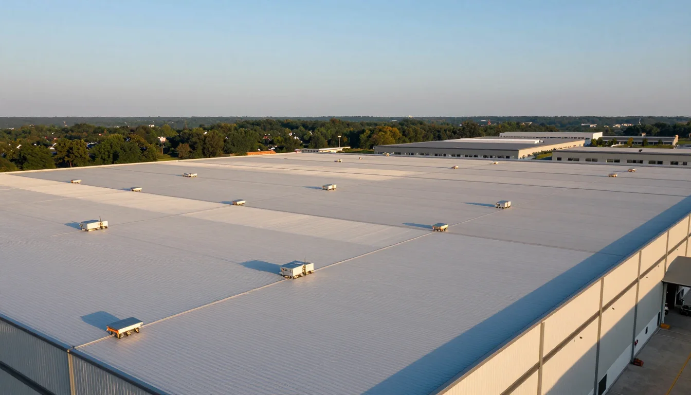 Illustrative aerial view of a commercial warehouse roof