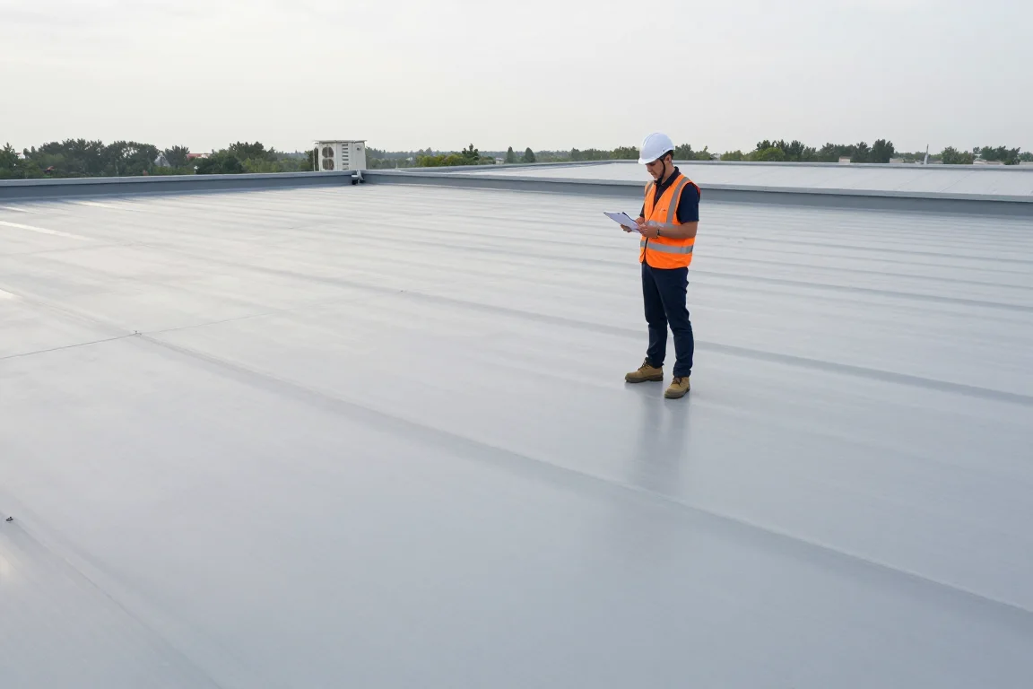 Illustrative inspector assessing a commercial roof from a safe position away from the edge