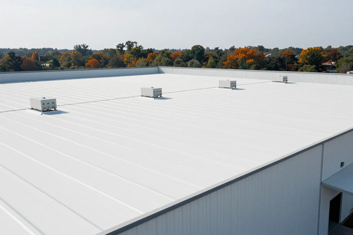 Illustrative flat commercial roof with parallel membrane seams and rooftop equipment