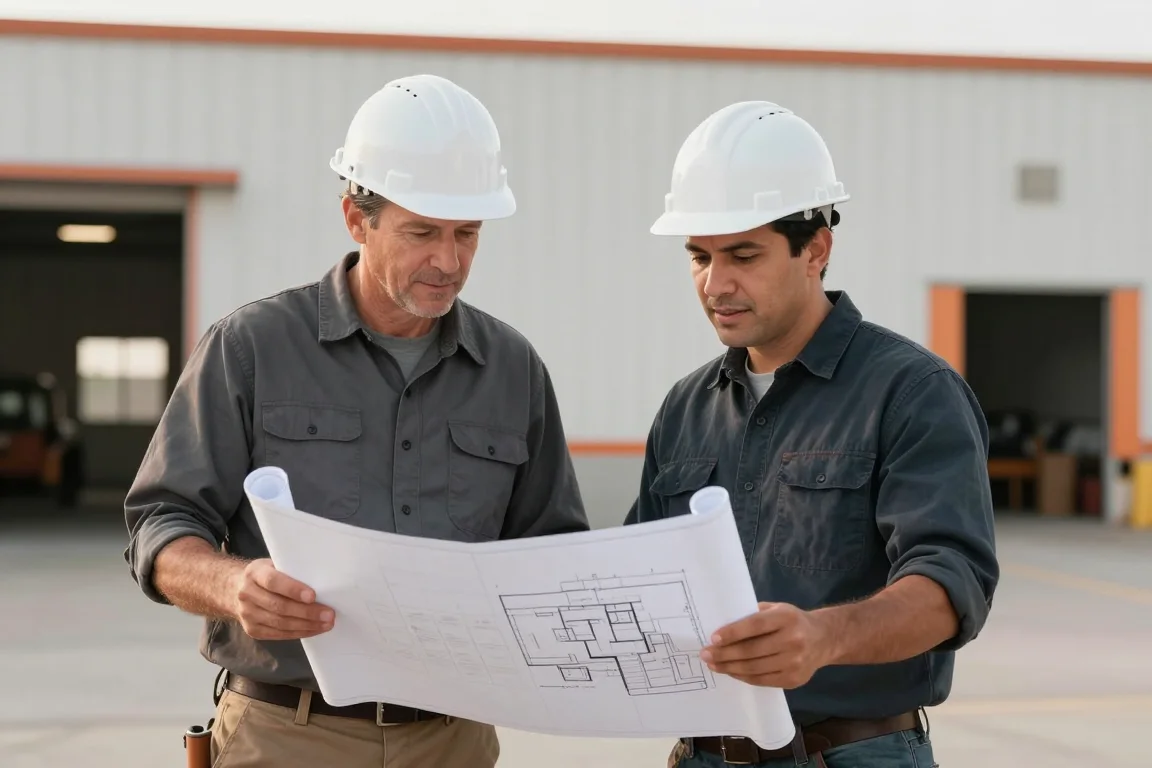 Illustrative commercial property professionals discussing building plans; not actual staff or clients