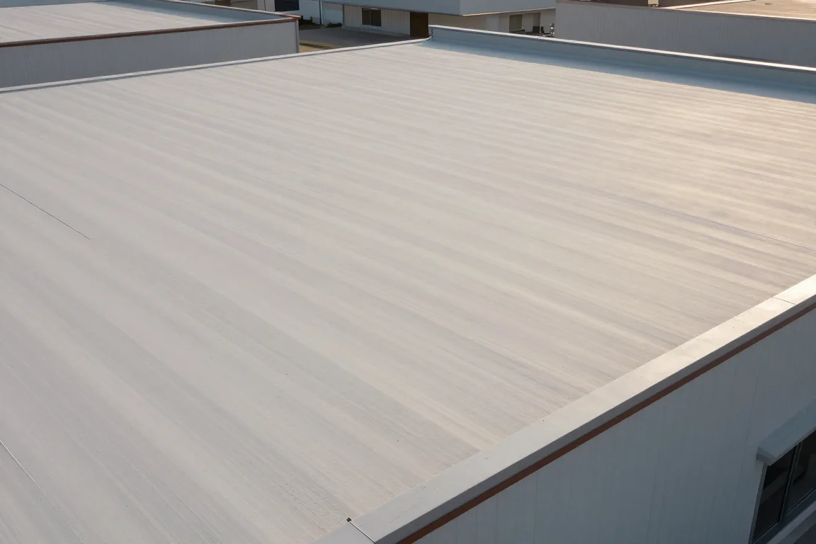 Illustrative light-gray coated commercial roof surface and equipment curb